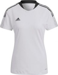 Koszulka damska adidas Tiro 21 Training Jersey biała GM7580 S. Białe bluzki damskie Adidas, s, bez wzorów, z jersey, bez kołnierzyka, bez ramiączek. Za 77.99 zł.