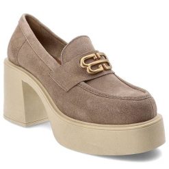 Beżowe Półbuty Armodo Stylowe Obuwie Damskie. Brązowe półbuty damskie Armodo, bez wzorów, z materiału, eleganckie, bez obcasa, na obcasie, bez zapięcia. Za 331.99 zł.