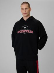 4F Bluza dresowa loose z kapturem męska - czarna M. Czarne bluzy męskie 4F, m, bez wzorów, z dresówki, klasyczne, bez ramiączek, z kapturem. Za 199.99 zł.