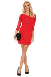 Czerwona Dopasowana Sukienka z Transparentnym Rękawem 3/4. Czerwone sukienki damskie Merribel, l, bez wzorów, z bawełny, wizytowe, bez kołnierzyka, bez ramiączek, dopasowane. Za 108.90 zł.