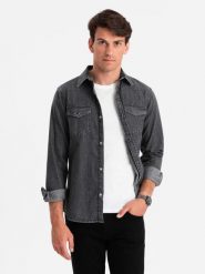 Koszula męska jeansowa na zatrzaski z kieszonkami - czarna V3 OM-SHDS-0115 - XXL. Czarne koszule męskie Ombre Clothing, l, bez wzorów, z bawełny, bez kołnierzyka, bez ramiączek. Za 101.99 zł.