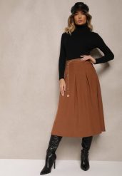 Brązowa Spódnica z Wiskozą o Rozkloszowanym Kroju z Paskiem Łańcuszkiem Lilethra. Brązowe spódnice damskie Renee, na imprezę, l, bez wzorów, z materiału, eleganckie, midi, dopasowane. Za 109.99 zł.