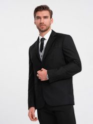 Męska klasyczna marynarka z kieszenią na poszetkę - czarna V4 OM-BLZB-0115 - XXL. Czarne garnitury męskie Ombre Clothing, l, bez wzorów, z poliesteru, klasyczne. Za 309.99 zł.