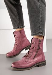Bordowo-Różowe Botki Workery Zdobione Suwakiem i Wężowym Tłoczeniem Vemindra. Czerwone botki damskie Born2be, z aplikacjami, z jeansu, klasyczne, bez obcasa, na płaskiej podeszwie, bez zapięcia. Za 149.99 zł.
