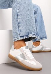 Biało-Srebrne Sneakersy Tenisówki o Klasycznym Fasonie Do Kostki Satrama. Białe trampki i tenisówki damskie Born2be, bez wzorów, z jeansu, bez zapięcia. Za 79.99 zł.