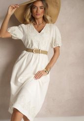 Biała Rozkloszowana Sukienka z Bawełny w Stylu Boho z Haftowanymi Zdobieniami Lannilsa. Białe sukienki damskie Renee, na spotkanie biznesowe, l, z aplikacjami, z bawełny, boho, bez kołnierzyka, bez ramiączek, midi, rozkloszowane. Za 99.99 zł.