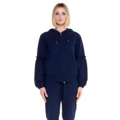 Błyszcząca damska bluza z kapturem zapinana na zamek. Niebieskie bluzy damskie LEONE 1947 APPAREL, l, bez wzorów, z tkaniny, sportowe, bez ramiączek, z kapturem. W wyprzedaży za 167.70 zł.
