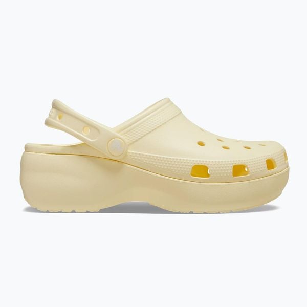Klapki damskie Crocs Classic Platform Clog. Żółte klapki damskie Crocs, bez wzorów, sportowe, bez obcasa, bez zapięcia. Za 209.99 zł.