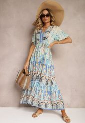 Niebieska Boho Sukienka z Wiskozy z Ozdobnymi Guzikami i Cienkim Paskiem w Talii Dimosia. Niebieskie sukienki damskie Renee, na co dzień, na lato, l, bez wzorów, z wiskozy, boho, bez kołnierzyka, bez ramiączek, maxi, proste. Za 84.99 zł.