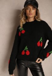Czarny Prosty Sweter z Domieszką Wełny Ozdobiony Wiśniową Aplikacją Balrinna. Czarne swetry nierozpinane damskie Renee, z aplikacjami, z jeansu, casualowe, bez kołnierzyka, bez ramiączek. Za 119.99 zł.