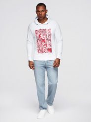 Nierozpinana męska bluza kangurka z kapturem i nadrukiem - biała V3 - Rozmiar: XL. Białe bluzy męskie Ombre Clothing, m, bez wzorów, z bawełny, bez ramiączek, z kapturem. W wyprzedaży za 49.99 zł.