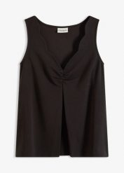 Top z głębokim dekoltem. Czarne topy damskie bonprix, bez wzorów, eleganckie, bez kołnierzyka, bez ramiączek. Za 54.99 zł.