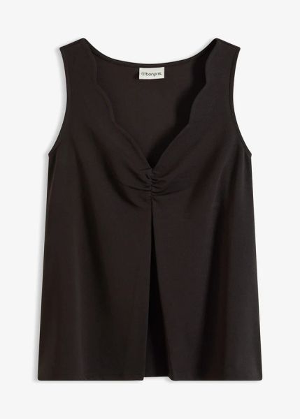 Top z głębokim dekoltem. Czarne topy damskie bonprix, bez wzorów, eleganckie, bez kołnierzyka, bez ramiączek. Za 54.99 zł.