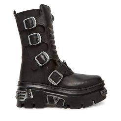 Botki NEW ROCK. Czarne botki damskie NEW ROCK, bez wzorów, rockowe, bez obcasa, na koturnie, bez zapięcia. Za 1,279.00 zł.