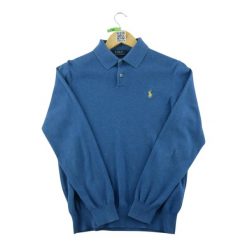 Second life - Sweter męski z żółtym haftowanym konikiem - Stan bardzo dobry. Niebieskie swetry męskie Ralph Lauren, l, bez wzorów, z materiału, wizytowe, bez kołnierzyka, bez ramiączek. Za 212.96 zł.