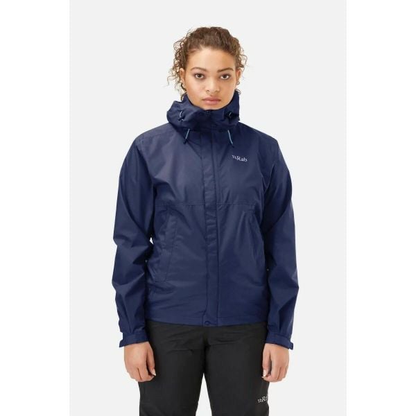 Kurtka przeciwdeszczowa damska Rab Downpour Eco Jacket z kapturem. Niebieskie kurtki sportowe damskie RAB, bez wzorów, bez ramiączek, z kapturem, trekkingowe. Za 369.99 zł.