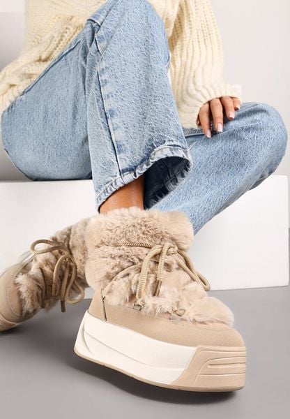 Ciemnobeżowe Futerkowe Śniegowce Wsuwane na Platformie z Imitacją Sznurówek Linettia. Brązowe śniegowce damskie Renee, z futra, za kostkę, bez zapięcia. Za 149.99 zł.