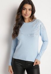 Jasnoniebieski Sweter z Bawełną Ozdobiony Cekinami Leanelwen. Niebieskie swetry nierozpinane damskie Born2be, l, z aplikacjami, z bawełny, eleganckie, bez kołnierzyka, bez ramiączek. Za 89.99 zł.