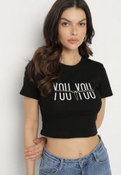 Czarny Bawełniany T-shirt z Napisem i Łańcuchem Olimelia. Czarne t-shirty damskie Born2be, m, bez wzorów, z bawełny, bez kołnierzyka, bez ramiączek. Za 34.99 zł.