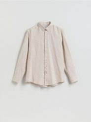 Gładka koszula regular fit - beżowy. Brązowe koszule męskie Reserved, l, bez wzorów, z bawełny, bez kołnierzyka, bez ramiączek. Za 139.99 zł.