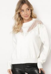 Biały Sweter z Siateczkowymi Wstawkami z Cekinami Perełkami i Koralikami Evoriana. Białe swetry nierozpinane damskie Born2be, l, bez wzorów, z jeansu, eleganckie, bez kołnierzyka, bez ramiączek. Za 129.99 zł.