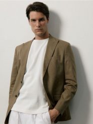 Marynarka slim fit z dodatkiem konopi - warm olive. Zielone garnitury męskie Reserved, l, bez wzorów, z bawełny. W wyprzedaży za 199.99 zł.