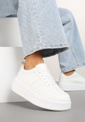 Białe Sneakersy Kultowe Tenisówki na Platformie z Koturnem Elisara. Białe trampki i tenisówki damskie Born2be, bez wzorów, z jeansu, bez zapięcia. Za 74.99 zł.