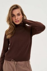 Sweter z golfem brązowy. Brązowe swetry nierozpinane damskie MOODO, m, bez wzorów, z poliamidu, bez kołnierzyka, bez ramiączek. Za 99.99 zł.
