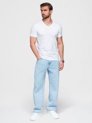 Sygnowany męski t-shirt V-neck z elastanem – biały V1 - Rozmiar: S. Białe t-shirty męskie Ombre Clothing, m, bez wzorów, z bawełny, bez kołnierzyka, bez ramiączek. W wyprzedaży za 39.99 zł.
