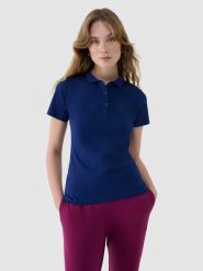 4F Koszulka polo slim damska - granatowa L. Niebieskie bluzki damskie 4F, l, bez wzorów, z bawełny, klasyczne, bez kołnierzyka, bez ramiączek. Za 89.99 zł.
