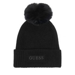 Czapka Guess. Czarne czapki damskie Guess, na zimę, z aplikacjami. Za 154.99 zł.