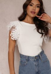 Biały Top z Bawełny z Ozdobną Koronką Adexis. Białe topy damskie Renee, m, bez wzorów, z bawełny, bez kołnierzyka, bez ramiączek. Za 59.99 zł.