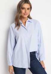 Niebieska Koszula w Drobne Paski o Klasycznym Fasonie Arkelea. Niebieskie koszule damskie Born2be, m, bez wzorów, z jeansu, eleganckie, bez kołnierzyka, bez ramiączek. Za 69.99 zł.