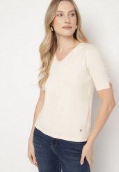 Beżowa Sweterkowa Bluzka z Dekoltem w Serek Fenidea. Brązowe bluzki damskie Born2be, l, bez wzorów, z jeansu, eleganckie, bez kołnierzyka, bez ramiączek. Za 49.99 zł.