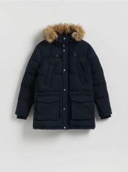 Pikowana parka z kapturem - granatowy. Niebieskie parki męskie Reserved, l, bez wzorów, z tkaniny, bez kołnierzyka, z kapturem. Za 459.99 zł.