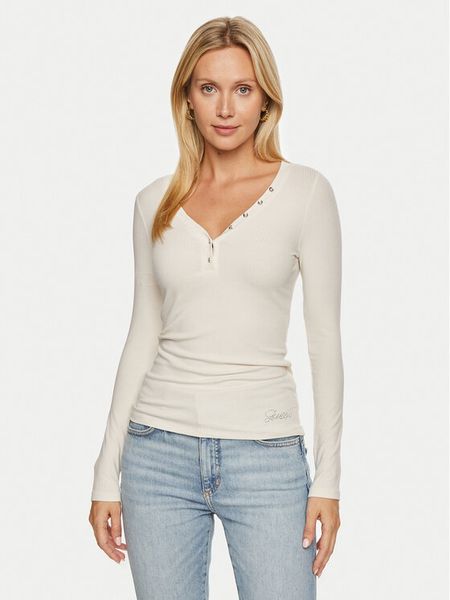 Guess Bluzka Kyla W4BP51 KBCO2 Biały Regular Fit. Białe bluzki damskie Guess, l, z aplikacjami, z wiskozy, bez kołnierzyka, bez ramiączek. Za 159.99 zł.