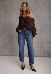 Niebieskie Jeansy Mom Fit z Bawełną przed Kostkę Carmenrose. Niebieskie jeansy damskie Renee, bez wzorów, z bawełny, eleganckie. Za 129.99 zł.