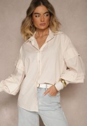 Jasnobeżowa Koszula z Bawełną i Szerokimi Rękawami Edioniela. Brązowe koszule damskie Renee, m, bez wzorów, z bawełny, eleganckie, bez kołnierzyka, bez ramiączek. Za 79.99 zł.