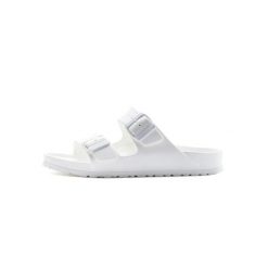 Klapki damskie Birkenstock Arizona Eva. Białe klapki damskie Birkenstock, bez wzorów, z materiału, bez obcasa, bez zapięcia. Za 335.00 zł.