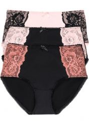 Figi maxi z mikrofibry (3 pary). Czarne majtki damskie bonprix, z koronki. Za 57.99 zł.