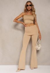Beżowe Elastyczne Spodnie o Kroju Dzwonów High Waist z Modelującego Materiału Ivolea. Brązowe spodnie materiałowe damskie Renee, bez wzorów, z jeansu, klasyczne, z podwyższonym stanem. Za 89.99 zł.