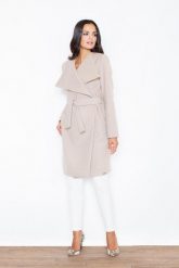 Beżowy Elegancki Płaszcz Oversize Przewiązany Paskiem. Brązowe płaszcze damskie Figl, xl, bez wzorów, z materiału, eleganckie, bez kołnierzyka, bez kaptura. Za 389.00 zł.