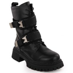 Skórzane workery damskie z klamrami czarne Big Star OO274A274. Czarne botki damskie bez wzorów, retro, bez obcasa, bez zapięcia. Za 359.10 zł.