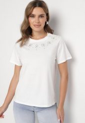 Biała Bawełniana Bluzka T-shirt Ozdobiona Cyrkoniami Marivista. Białe bluzki damskie Born2be, l, bez wzorów, z bawełny, eleganckie, bez kołnierzyka, bez ramiączek. Za 39.99 zł.