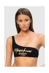 MOSCHINO Asymetryczna góra od bikini ze złotym logo. Czarne bikini MOSCHINO, s, bez wzorów. W wyprzedaży za 249.99 zł.