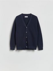 Rozpinany kardigan - granatowy. Niebieskie swetry męskie Reserved, l, bez wzorów, z bawełny, bez kołnierzyka, bez ramiączek. Za 149.99 zł.