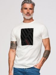Męski T-shirt bawełniany z geometrycznym nadrukiem - biały V1 - Rozmiar: M. Białe t-shirty męskie Ombre Clothing, m, z aplikacjami, z bawełny, bez kołnierzyka, bez ramiączek. W wyprzedaży za 59.99 zł.
