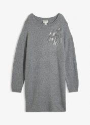 Sukienka dzianinowa z aplikacją. Szare sukienki damskie bonprix, z aplikacjami, z dzianiny, bez kołnierzyka, bez ramiączek. Za 169.99 zł.