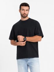 Bawełniany męski t-shirt LOOSE FIT z okrągłym dekoltem – czarny V1 OM-TSBC-0234 - XL. Czarne t-shirty męskie Ombre Clothing, l, bez wzorów, z bawełny, bez kołnierzyka, bez ramiączek. Za 77.99 zł.