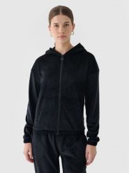 4F Bluza dresowa z weluru rozpinana z kapturem damska - czarna S. Czarne bluzy damskie 4F, s, bez wzorów, z dresówki, sportowe, bez ramiączek, z kapturem. W wyprzedaży za 79.99 zł.
